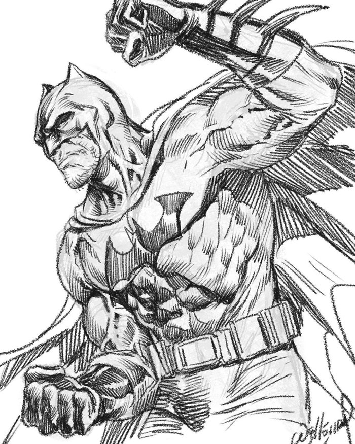 Comic-style pencil drawing of a superhero in action pose, showcasing detailed linework and shading as a drawing prompt.