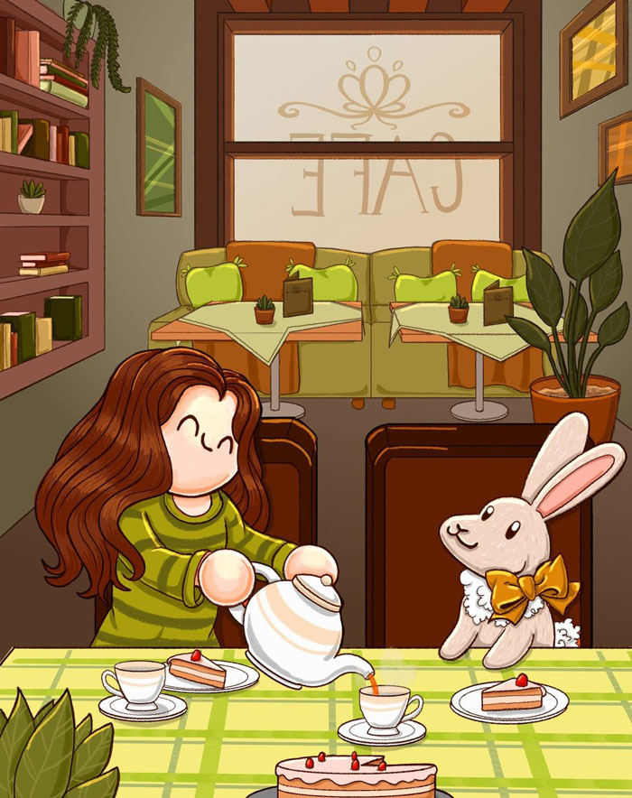 Tea party drawing prompt with a girl and bunny in a cozy cafe setting.