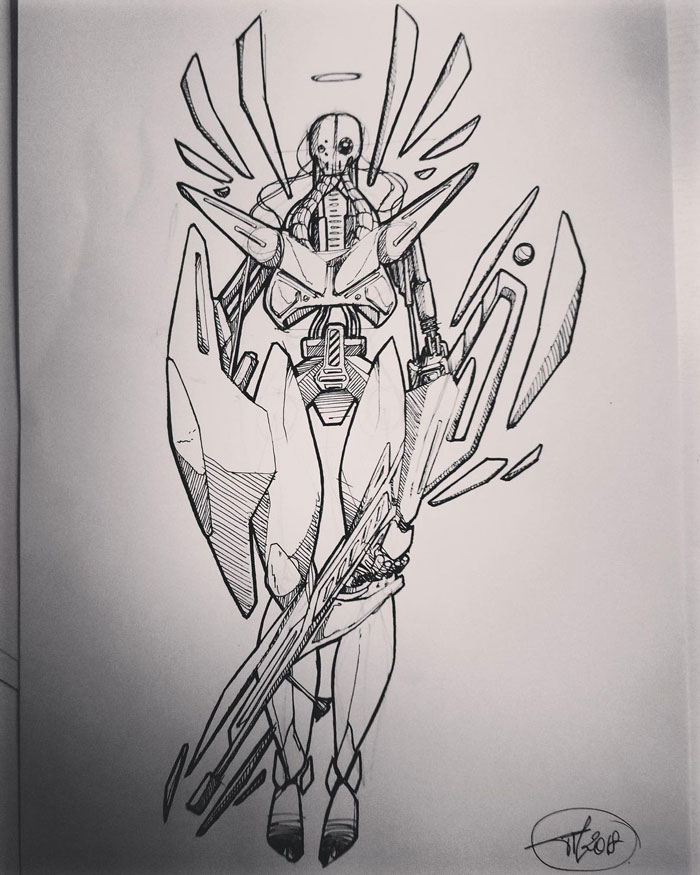 Futuristic robot design sketch, illustrating drawing prompts ideas.