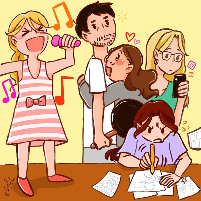 Illustration of a girl drawing while a lively group sings and interacts, capturing creative drawing prompts in a vibrant scene.