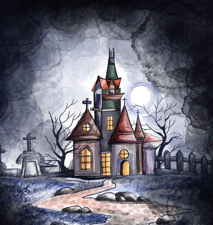 Haunted house under a full moon, with a spooky atmosphere and graveyard setting, perfect for drawing prompts.