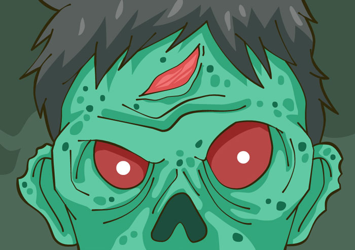 Green zombie face illustration with a wound on the forehead, featuring red eyes and spiky hair, perfect for drawing prompts.