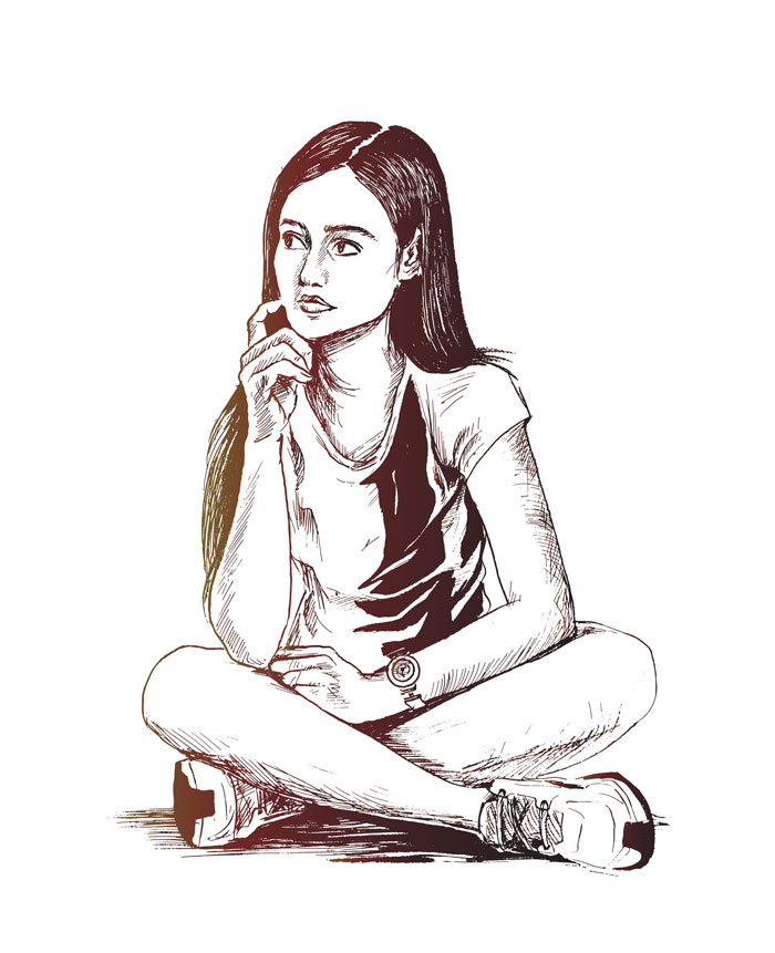 A thoughtful woman sitting cross-legged, illustrating an idea from drawing prompts.