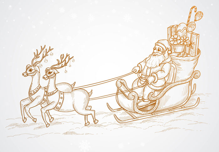 Santa in a sleigh led by two reindeer, carrying a bag of gifts, illustrating a festive drawing prompt concept.