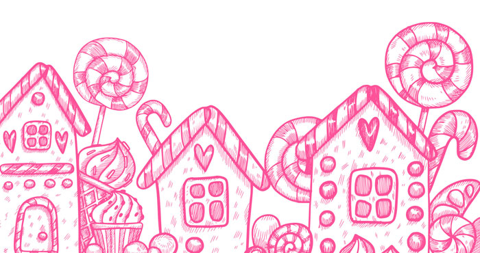 Whimsical drawing of candy-themed houses and lollipops in pink, perfect for creative drawing prompts inspiration.