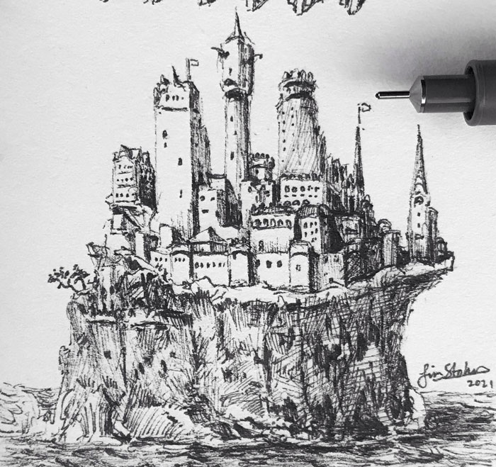 Ink sketch of a detailed castle on a cliff, showcasing creative drawing ideas.