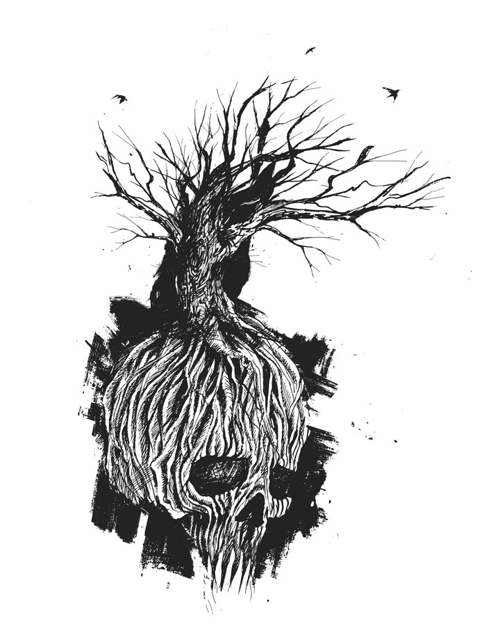 Surreal drawing prompt: tree growing from skull with birds flying around.
