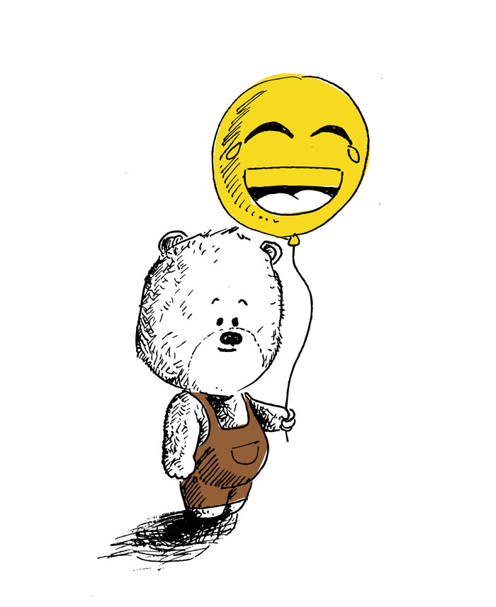 Cute bear in overalls holding a laughing face balloon, perfect for drawing prompts inspiration.