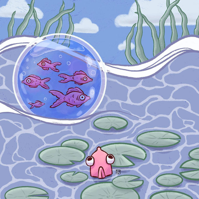 Cartoon fish exploring a pond with lily pads, surrounded by a bubble, illustrating creative drawing prompts.