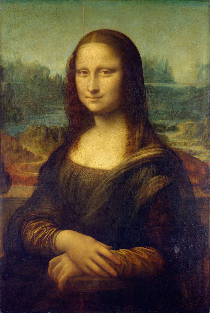 Famous portrait painting of a woman with a mysterious smile, featuring a soft background landscape.