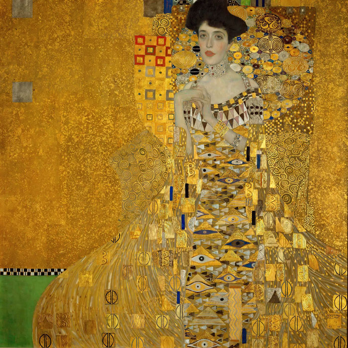 Portrait with geometric gold patterns symbolizing historical importance in art.