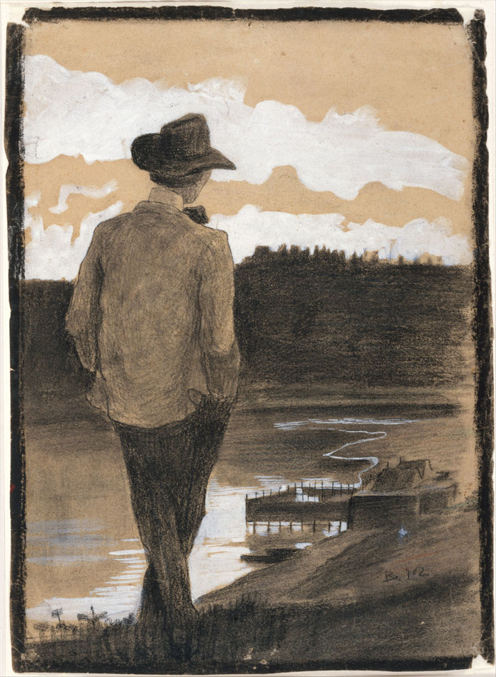 Person in a hat and coat standing by a river at sunset in a famous portrait painting with historical significance.