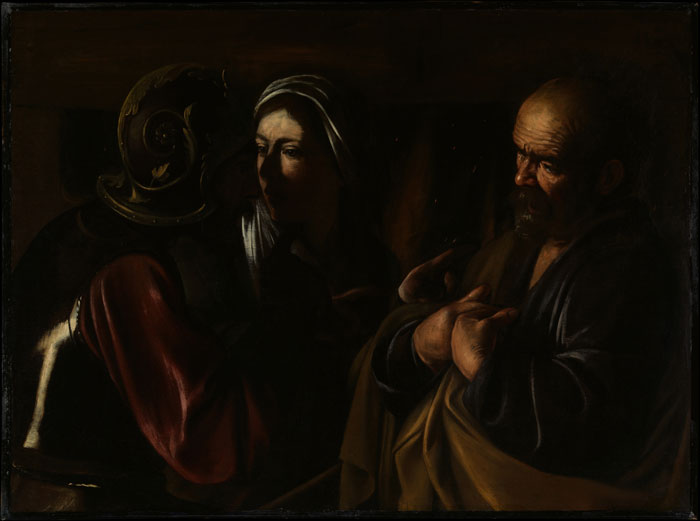 Historical portrait painting with three figures in dim lighting, emphasizing dramatic expression.