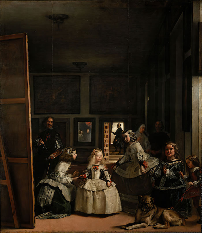 Famous historical portrait with figures in a dimly lit room, capturing a moment of intrigue and depth.