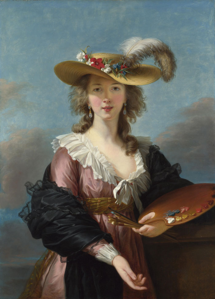 A woman in a historical portrait, wearing a hat with feathers and holding a paint palette.
