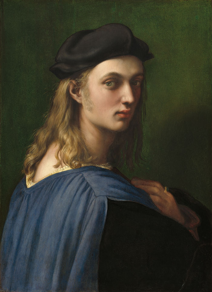 A famous historical portrait painting of a young man with long hair, wearing a blue cloak and black beret, looking at the viewer.