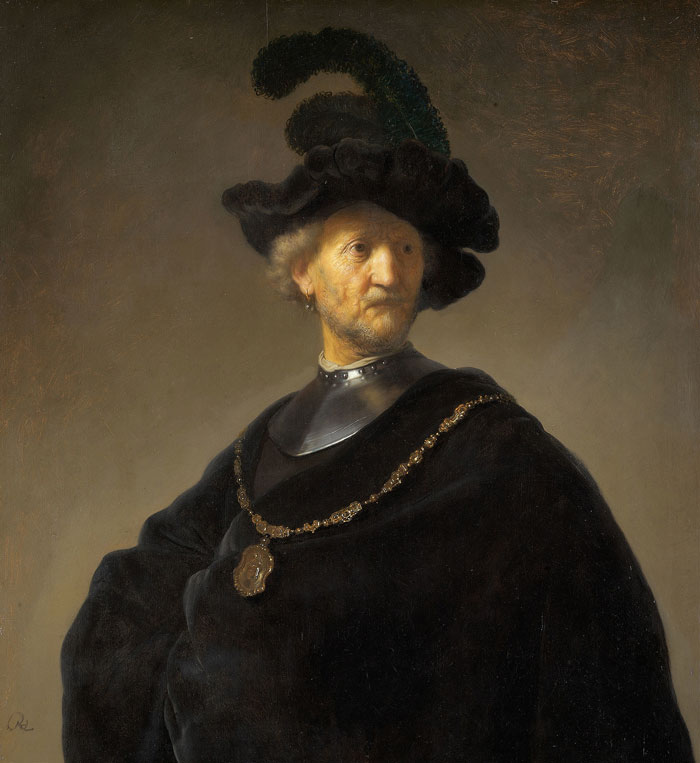 Historical portrait painting of a man in a black hat with a feather, wearing a chain and ornate clothing.