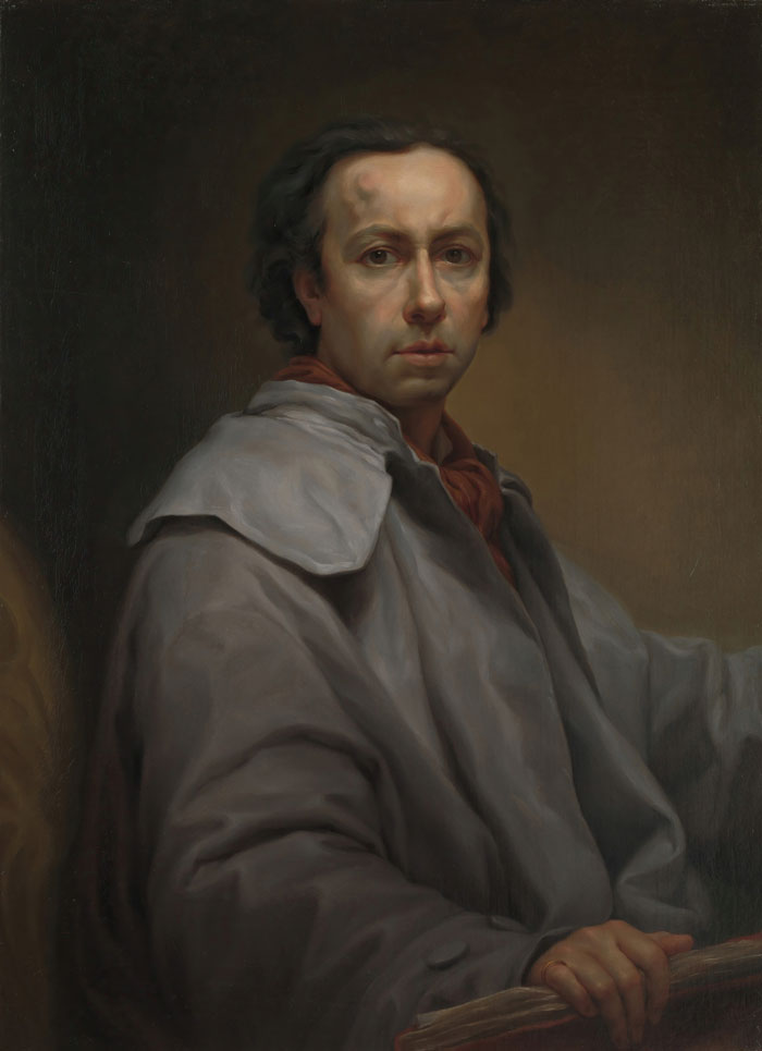 Portrait painting of a man in a gray robe, capturing historical importance with detailed expression.