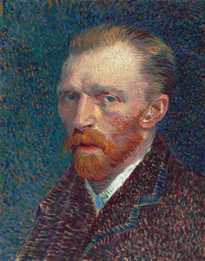 Famous portrait painting with historical importance, showing a man with a red beard set against a textured blue background.