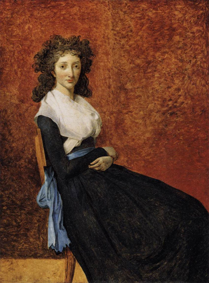 A famous historical portrait of a seated woman in 18th-century attire, against a textured background.