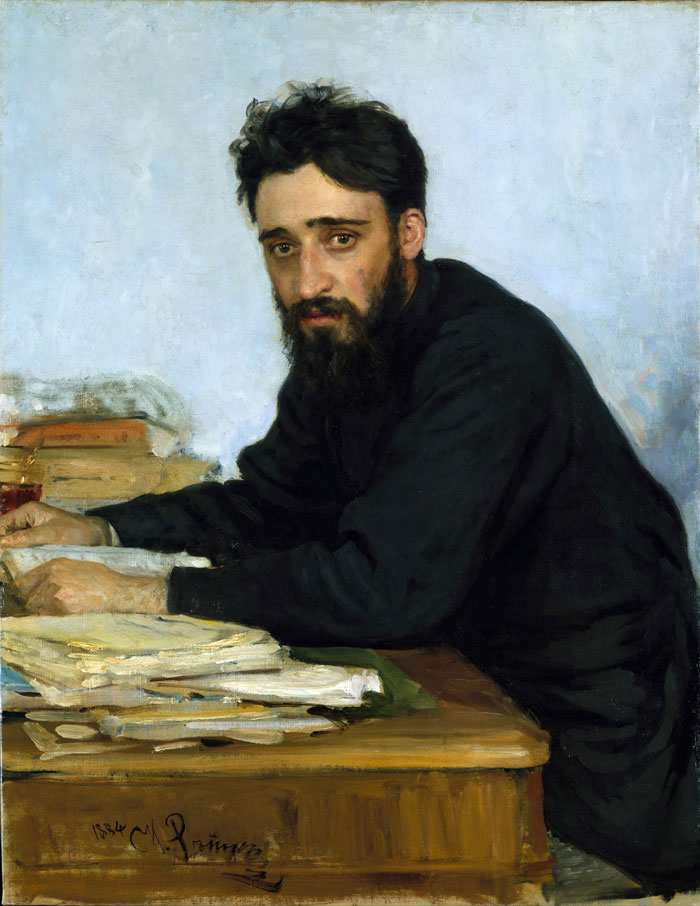 A man with a beard in a black robe sits at a desk with papers, depicting a famous portrait painting with historical importance.