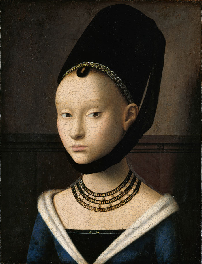 A famous portrait painting of a woman in historical attire, wearing a headdress and pearl necklace.