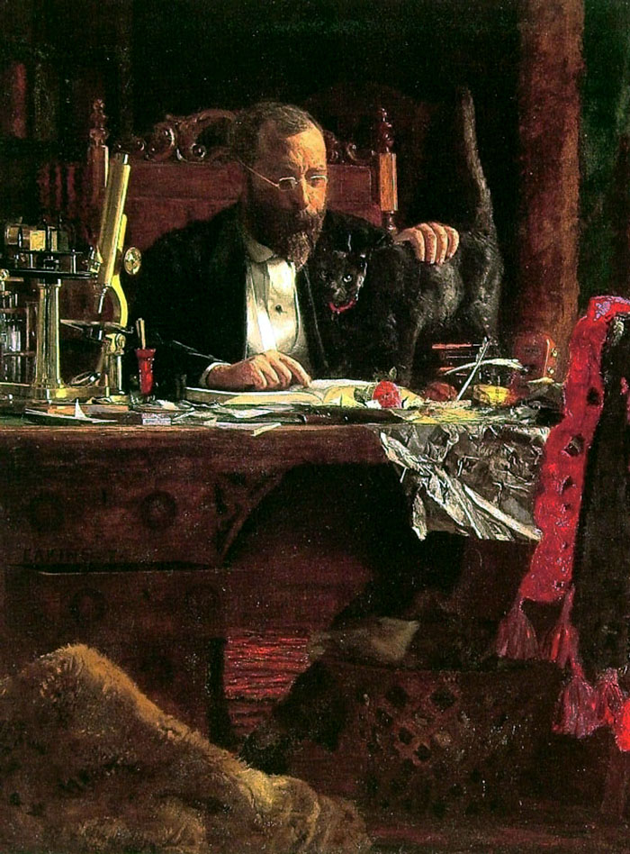 A bearded man in an antique study with a black cat, surrounded by scientific instruments and books, famous portrait painting.