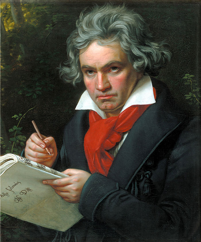 A famous portrait painting showcasing a historical figure with curly hair and a red scarf, holding a sheet of music.