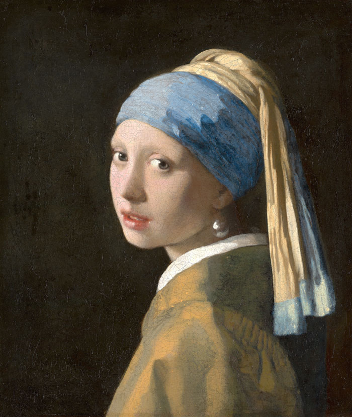 A famous portrait painting featuring a girl with a pearl earring and a blue and yellow headscarf.