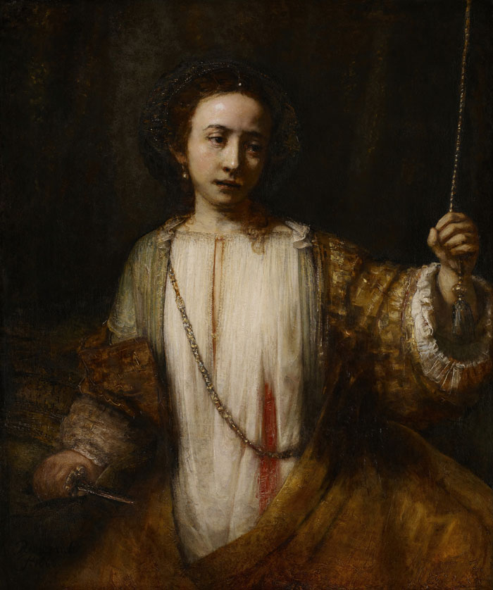 A historical portrait painting depicting a woman in 17th-century attire holding a chain, featuring detailed fabric textures.