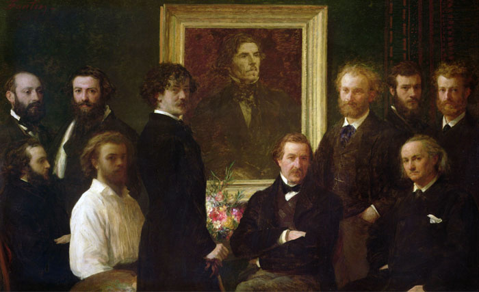 Group of men in formal attire gathered around a famous portrait painting, showcasing its historical importance.