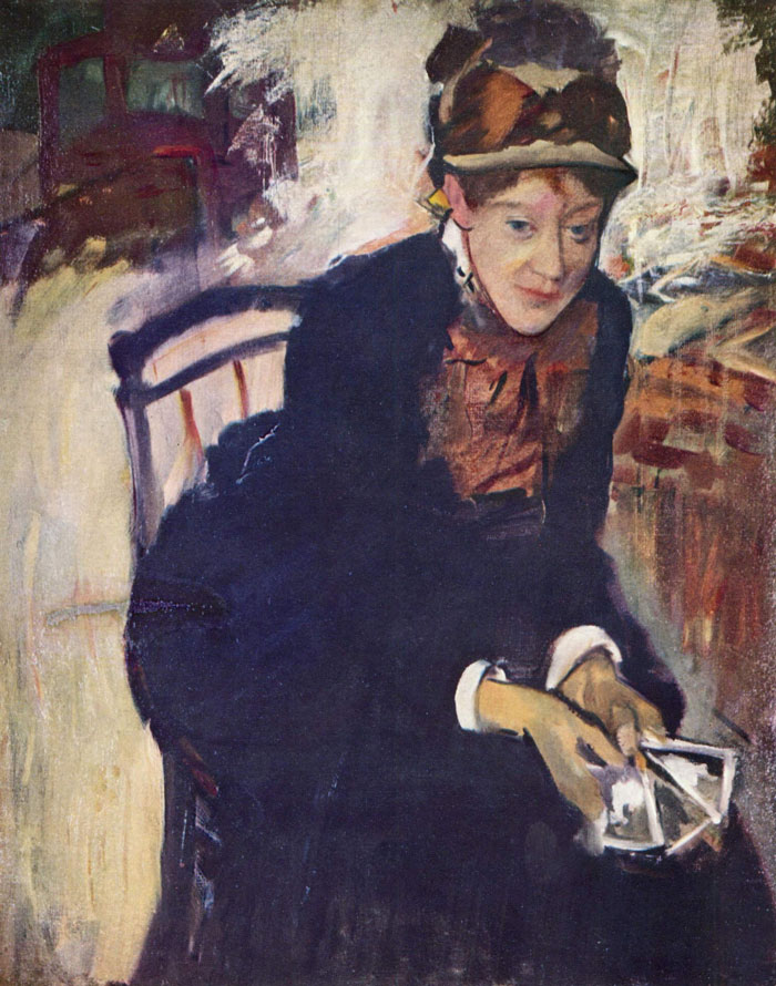 A woman in a historical portrait painting holding cards, showcasing an important artistic style.