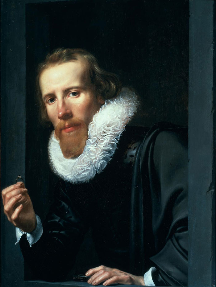 Portrait painting featuring a man with a ruffled collar, holding a small object, significant in art history.