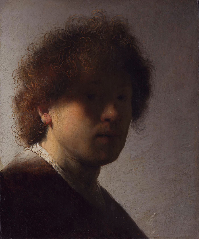 Famous portrait painting of a young man with curly hair, showing historical importance through dramatic lighting.