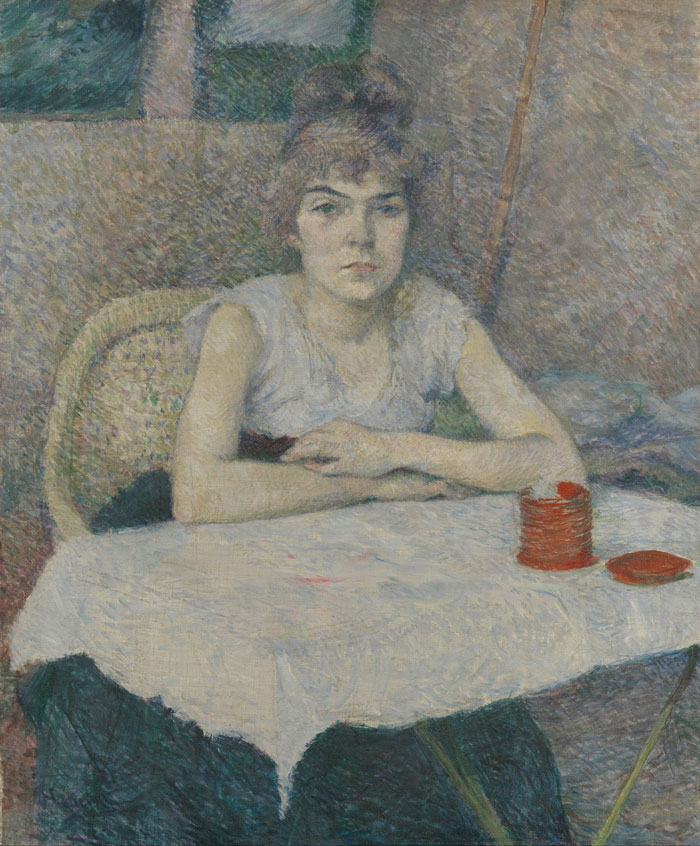 Portrait painting of a woman sitting at a table, capturing historical importance.