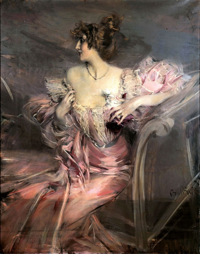 Elegant woman in pink Victorian dress, seated gracefully, exemplifying historical portrait painting style.