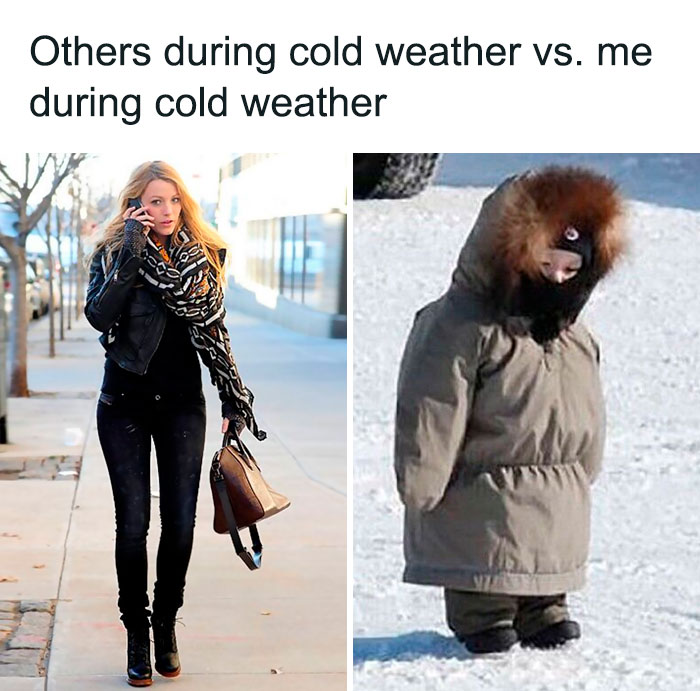 Two images compare cold weather attire: one woman in light clothing, one child bundled up, illustrating Canada life humor.