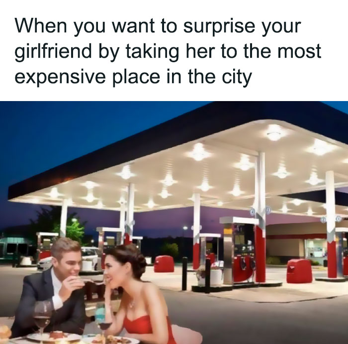 Couple dining at a gas station, humorously highlighting Canadian life in a meme.