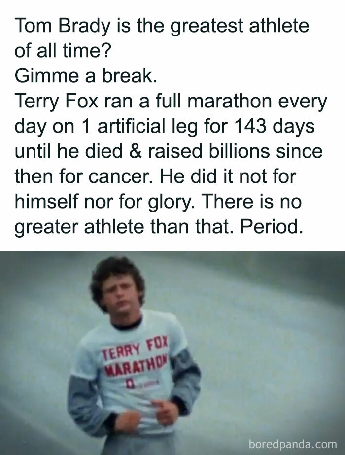 Image of Terry Fox running in Canada with text highlighting his marathon achievement.