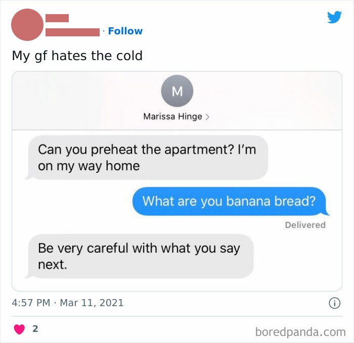 Text exchange meme about life in Canada shows someone asking to preheat the apartment.