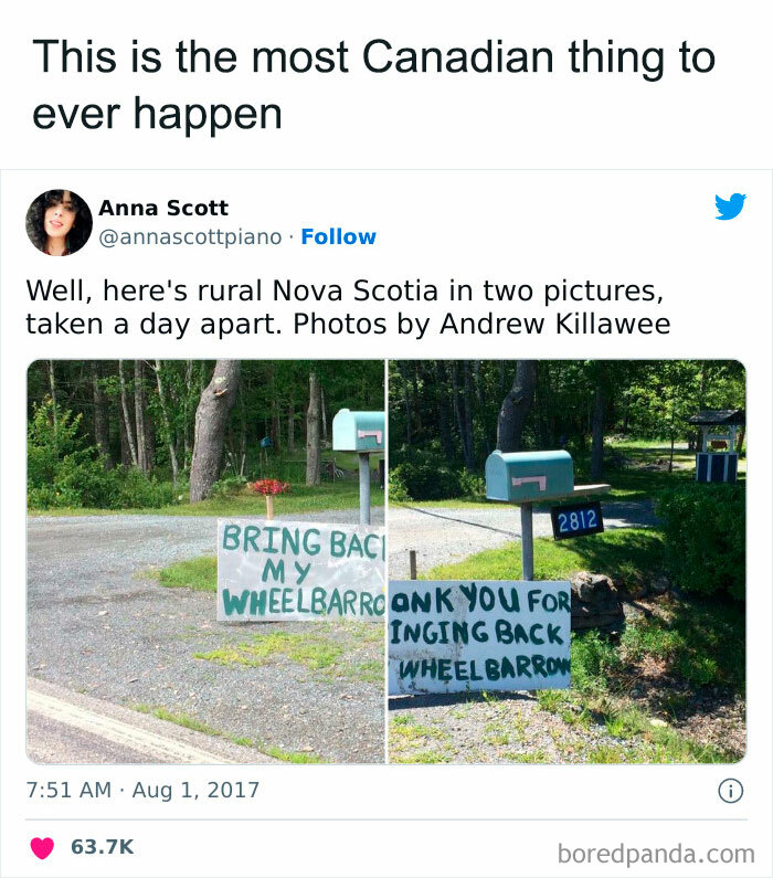 Meme of rural Canada with signs about a wheelbarrow beside a mailbox on a quiet road.