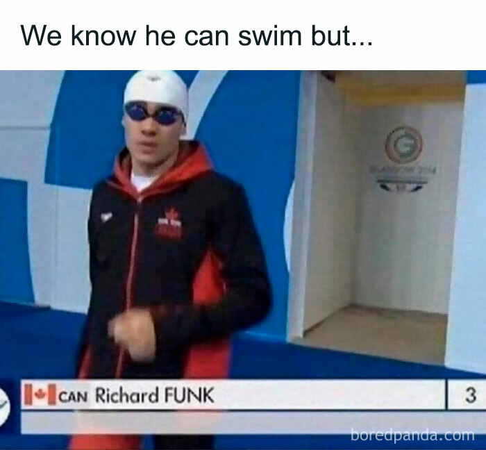 Canadian swimmer in a humorous meme, wearing a swim cap and goggles, with caption: "We know he can swim but..."