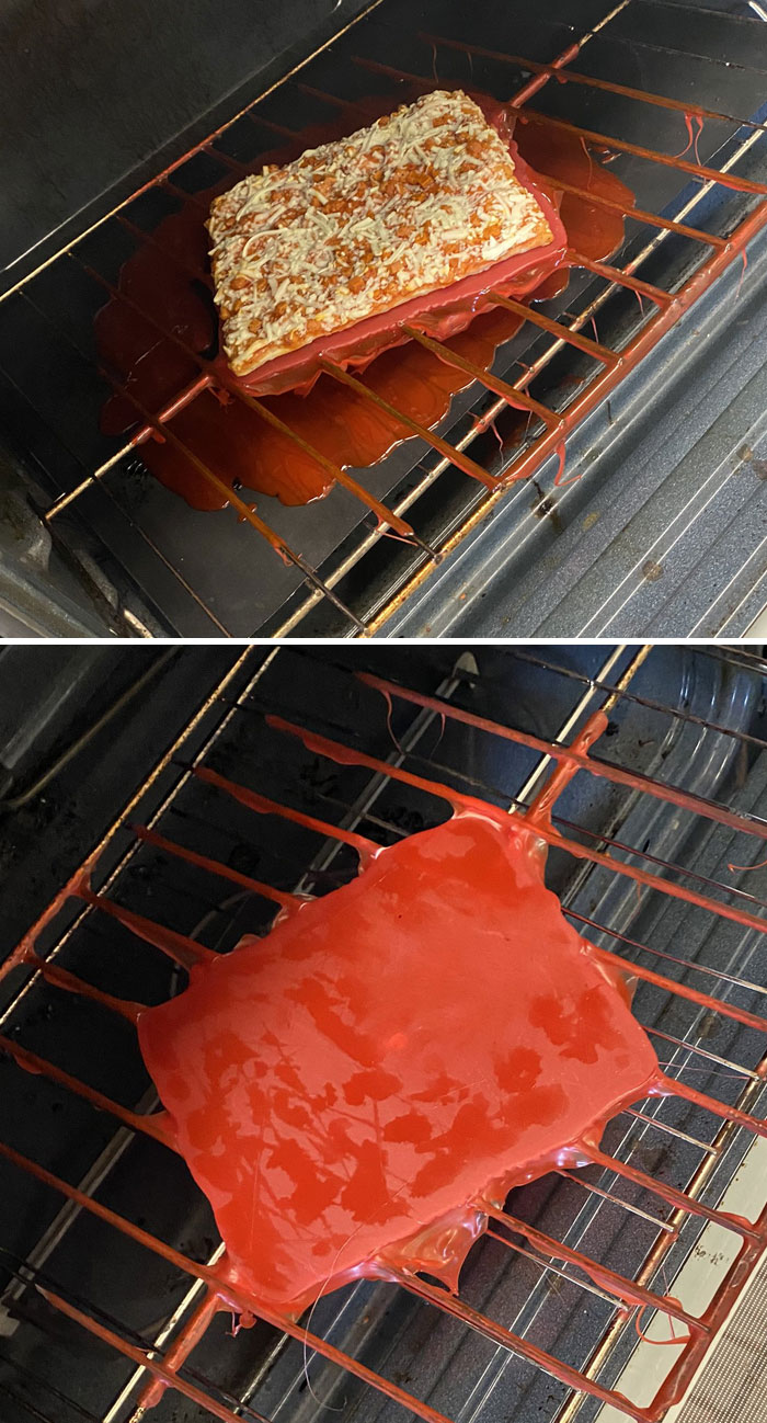 This Is Why I Don't Cook. I Forgot Plastic Melts And Put The Pizza In An Oven On A Plastic Tray