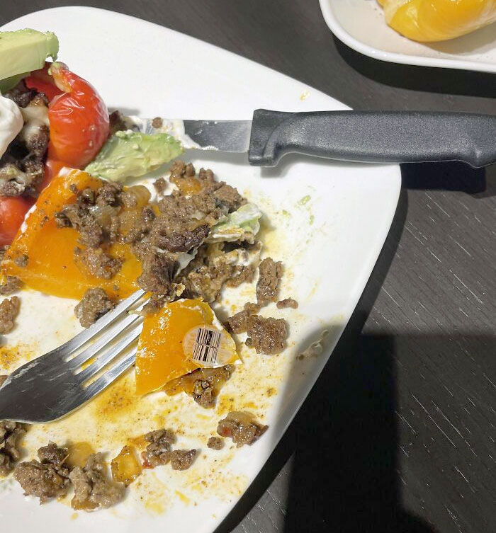 My Girlfriend Has A Problem With Forgetting To Take Stickers Off Of Things. Plates, Cups, You Name It. Well, Tonight's Dinner Had A Special Ingredient