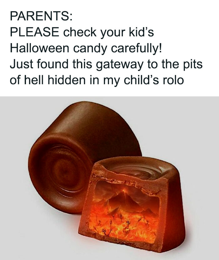 Halloween meme showing a chocolate candy with a fiery, spooky interior.