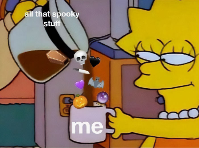 Lisa Simpson pouring spooky coffee with Halloween emojis and text overlay.