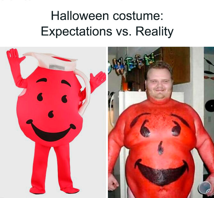 Halloween costume expectation vs. reality: Kool-Aid Man suit beside homemade body-painted version.