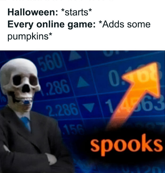 Skeleton in a suit with a stock market background, humorously indicating Halloween's spooky influence on games.