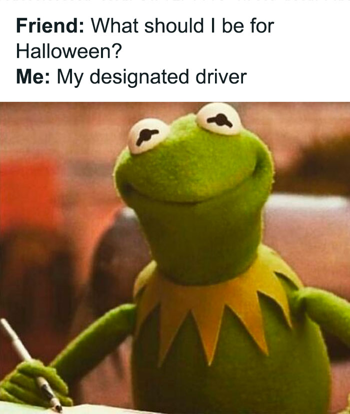 Kermit meme joking about Halloween costume, funny and spooky.