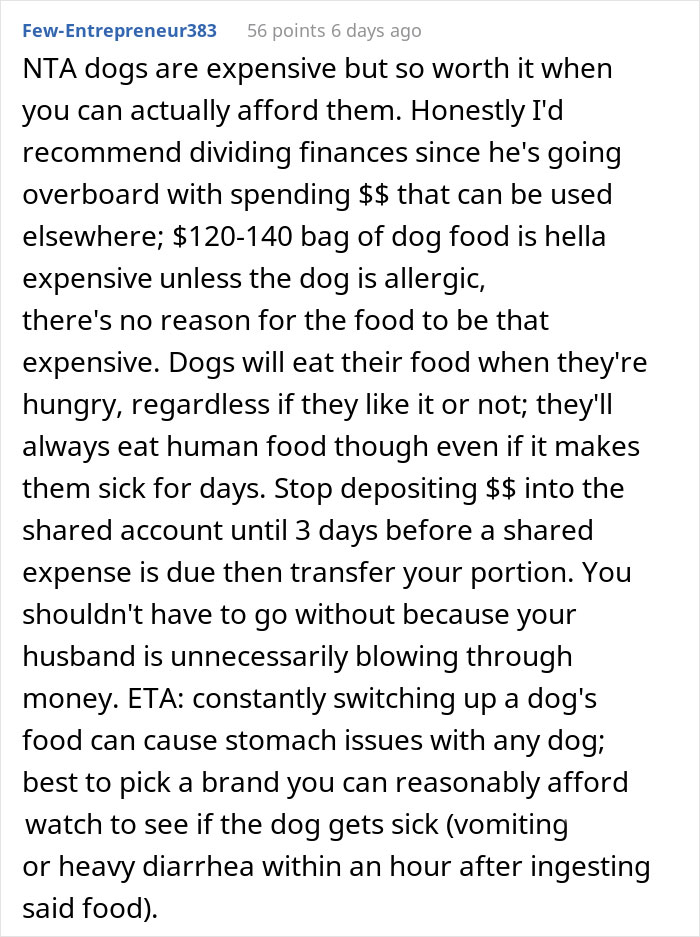 Woman Asks If She Is Being Selfish For Wanting Her Husband&rsquo;s Dog Gone When It Ate Her Food She Got For The First Time In 2 Days